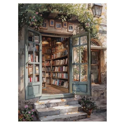 Image of Bookshop Paint by Numbers for Adults, DIY Acrylic Painting Kit 12x16in