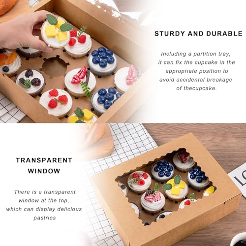 Image of Hoewina 12PCS Cupcake Boxes - Hold 12 Count Cupcake Containers with Window, Food Grade Cupcake Holder Easy Transport and Presentation - Ideal for Cupcakes, Desserts, and More (Brown)