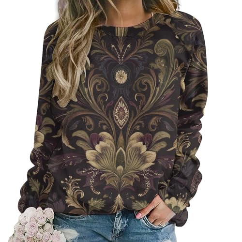 CUWFAT Boho Vintage Sweatshirt for Women Crewneck Long Sleeve Retro Flower Paisley Fall Winter Tunic Tops Casual Loose Shirt Ethnic Boho Brown 01 L