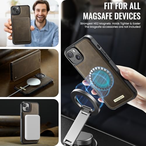 Image of Wallet Case for iPhone 13 Compatible with Magsafe, 2-in-1 PU Leather Flip RFID Blocking Card Holder Stand Shockproof Magnetic Detachable Cover for iPhone 13 Case 6.1 inch, Brown