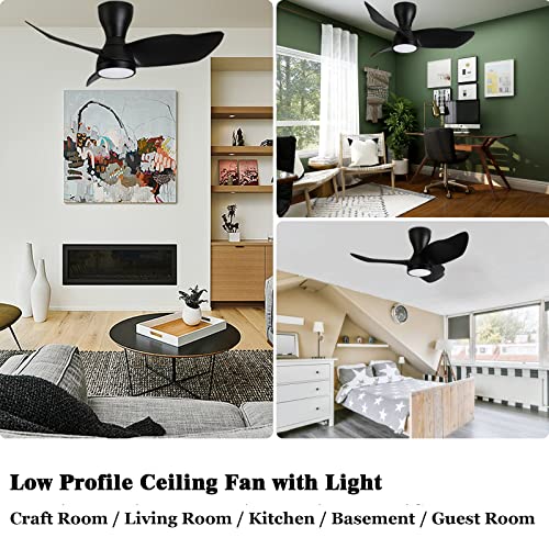 Ofantop 36" Low Profile Flush Mount Modern Matte Black Quiet Dc Motor Ceiling Fan With Light Remote Control, Contemporary 3 Blade Bright Led Ceiling Fan For Bedroom Indoor Small Room #TOP6