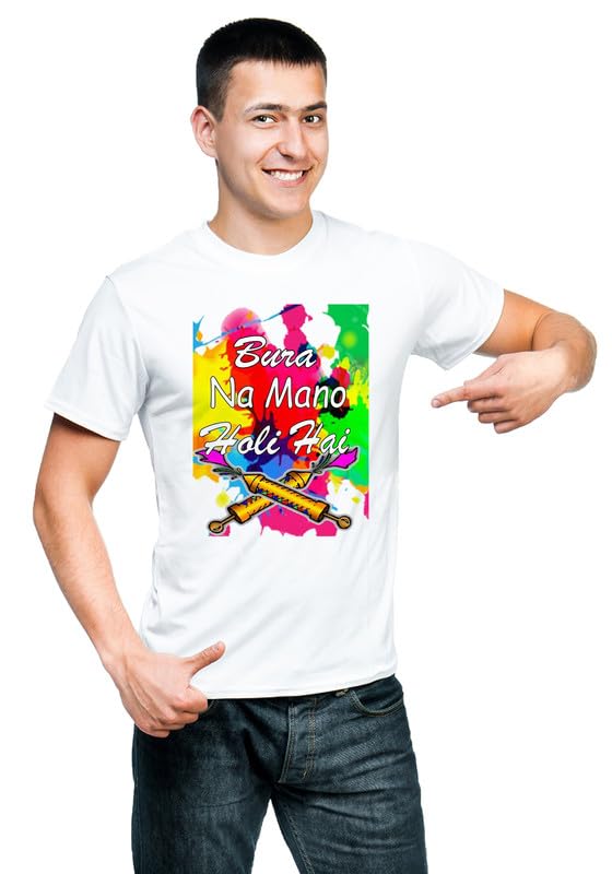 Image of Knitted Polycotton Fabric Regular Fit Men Boys Half Sleeve T-Shirt for Festival of Holi Style 12 White Size : Free