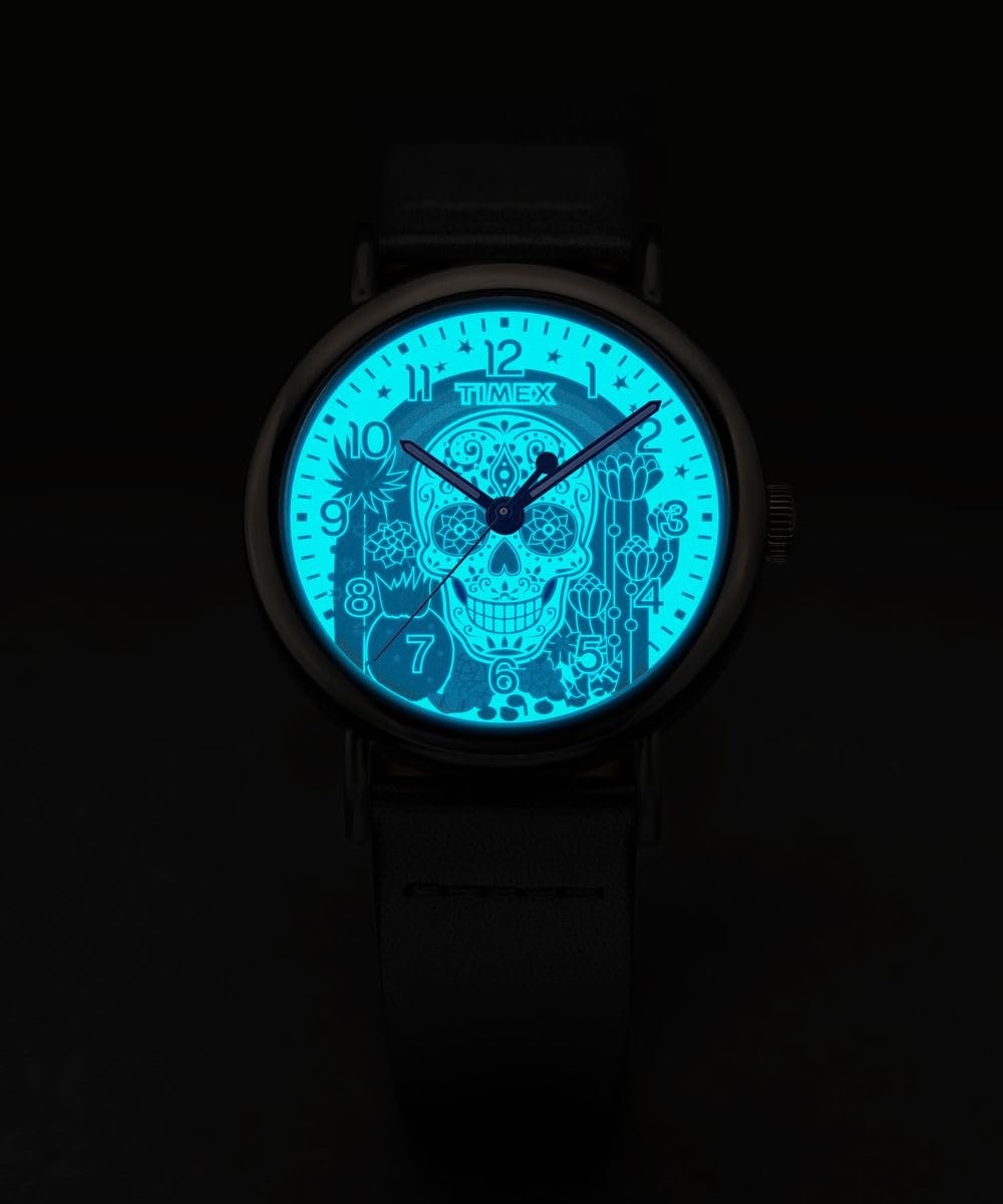 Timex Weekender Day Of The Dead Tw2Y15900 Zegarek Męski, 40 mm, Czarny Skórzany Pasek i Czarna Tarcza