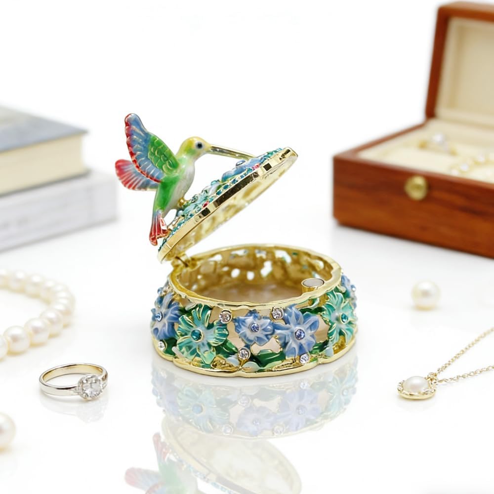 Hand Painted Enamel Hummingbird Flower Trinket Box Hinged Jewelry Organizer Ring Earrings Storage Collectible Bird Trinket Box for Home Decor - Image 5