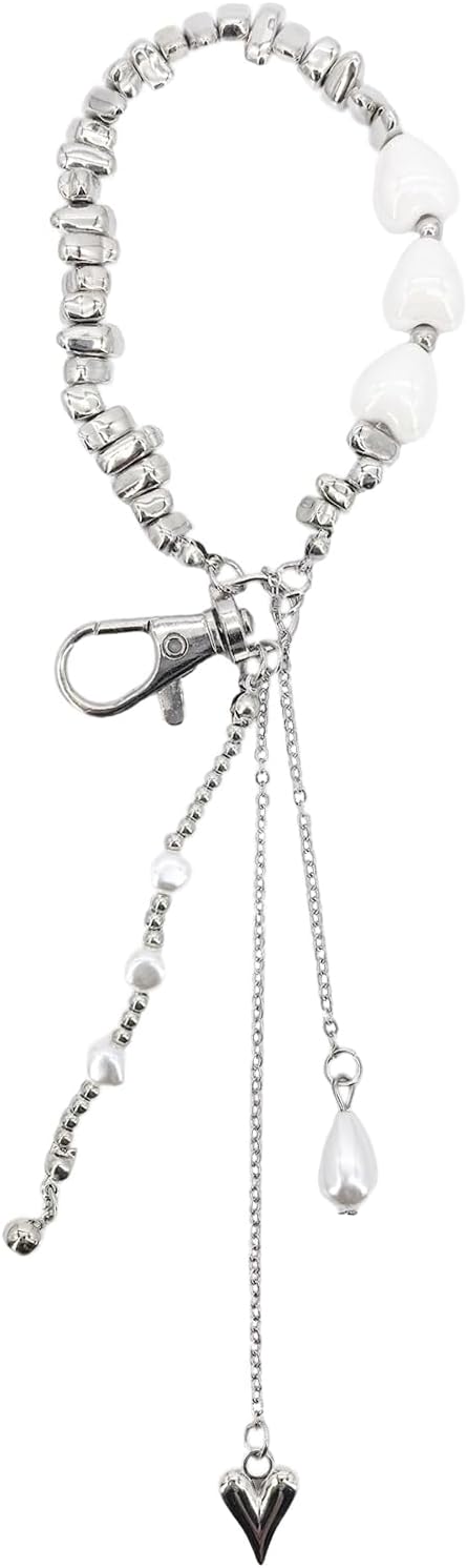 Punk Metal Chain Tassel Keychain Wristlet Irregular Beaded Hearts Silver Bag Charms For Handbags Y2K Key Chain Aesthetic Pearl Heart Pendant Purse Charms Key Chains Women Cute Keychain Accessories - Image 2