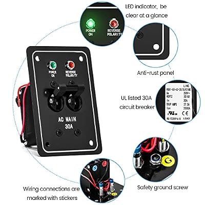 Haoguo 30A 120V AC Main Circuit Breaker Panel, Green Power & Red Polarity LED, Corrosion-Resistant, for Marine, Yacht, RV Applications