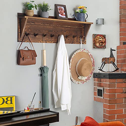 Webi Coat Rack Wall Mount With Shelf,8 Peg Hooks,34'' Long Rustic Entryway Shelf With Hooks Underneath For Hanging Coats,Clothes,Bathroom,Rustic Brown #TOP3