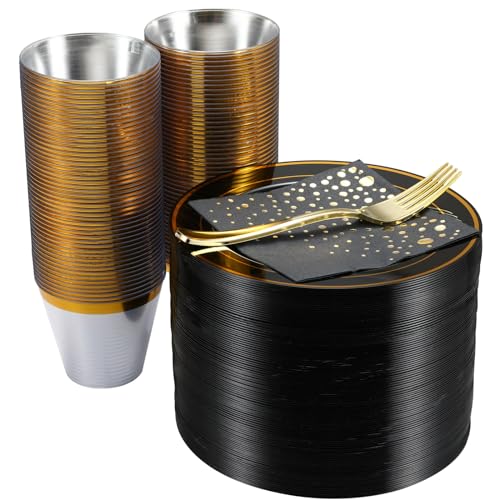Black and Gold Dessert Plates Set, 100 Plates, Cups, Forks and Napkins