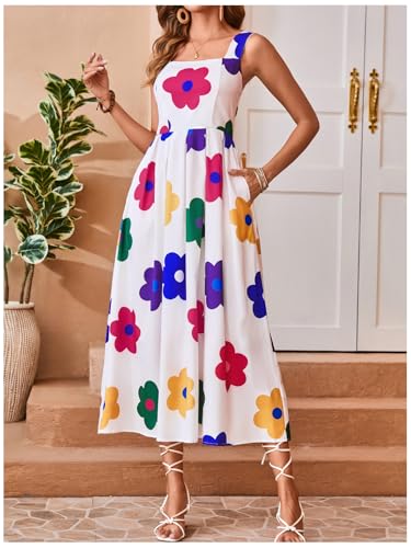 Image of Floerns Women's Flower Print Sleeveless Sundress Square Neck Vacation Long Dress