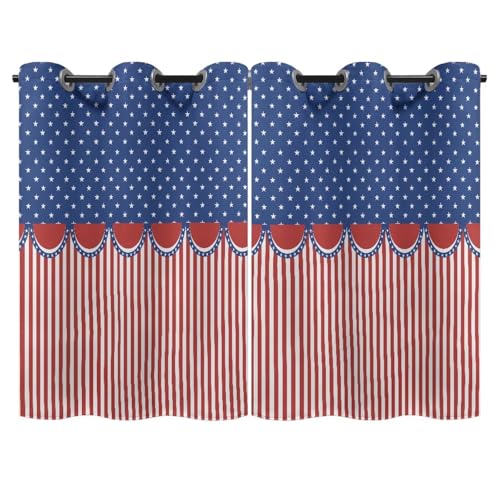 PJHEQOXE Stars Stripes Blackout Curtains for Bedroom 2 Panels Set, Nursery Thermal Insulated Window Treatment Curtains 55 Inch Length Blackout Drapes for Independence Day Room Decoration(Red Blue)