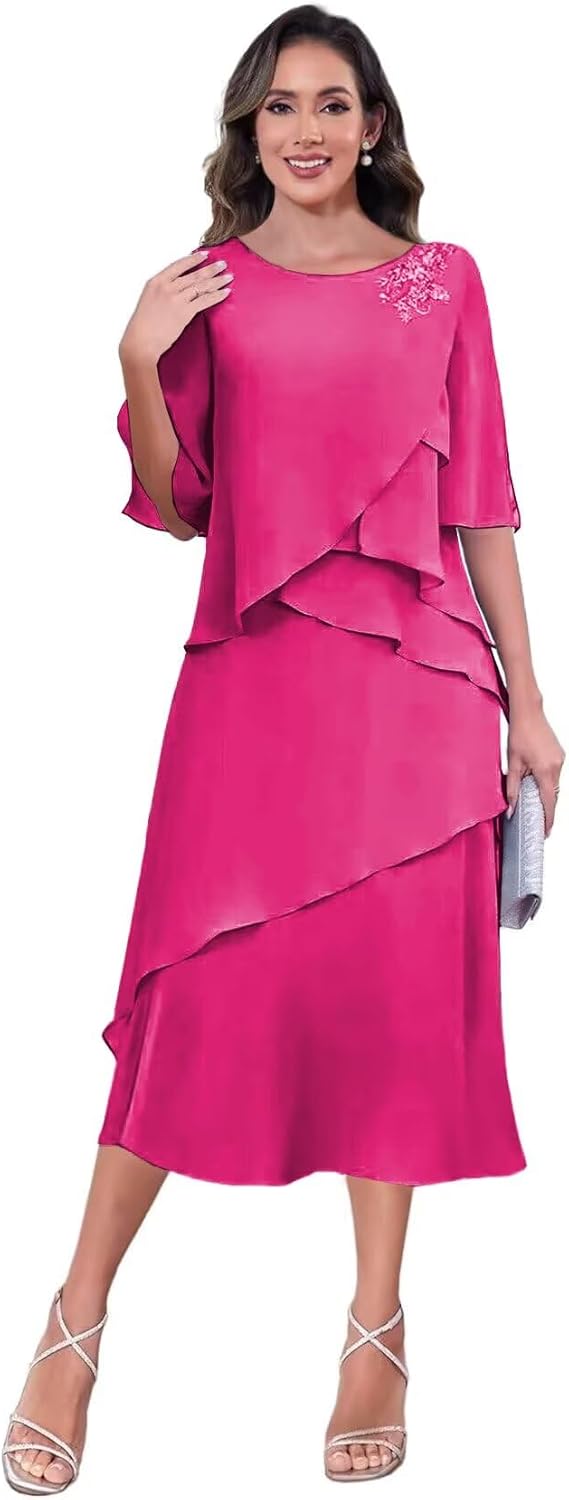 Chiffon Tea Length Mother of The Bride Dresses for Women Lace Appliques Ruffle Formal Evening Party Gowns with Sleeves