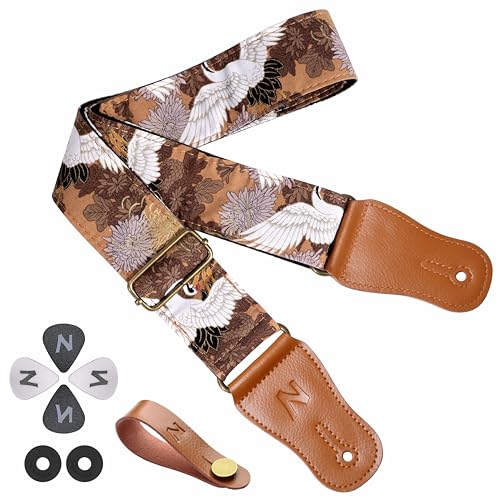 Nefelibata Japanese Cotton Guitar Strap for Acoustic Guitar, Ukulele, Free Headstock Strap Adapter, Strap Button, Guitar Picks and Strap Locks(White Crane)