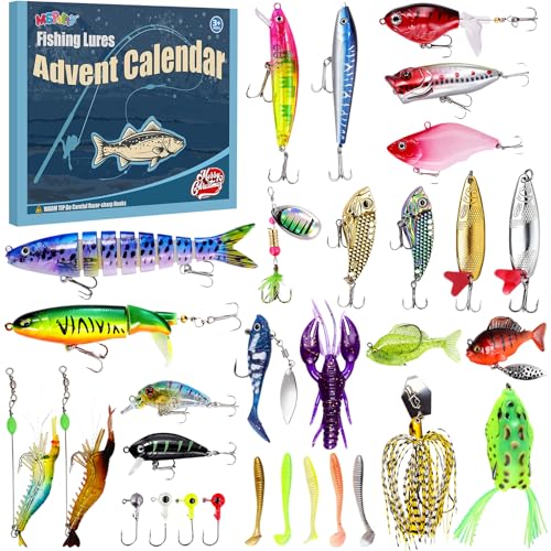 Fishing Advent Calendar 2025 for Adults Teens Men Boys – 24 Days Christmas Countdown Fishing Lures Tackle Kit Bass Trout Fishing Advent Calendar for Dad Husband Boyfriend Him Christmas Gift