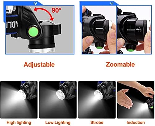 Rechargeable Head Torch,1800 Lumen Bright USB Headlight with 3 Modes, Waterproof Zoomable Headlamp with 4PCS 18650 Battery and Smart USB Charger,with Red Warning Light,Fit for Fishing, Night Out