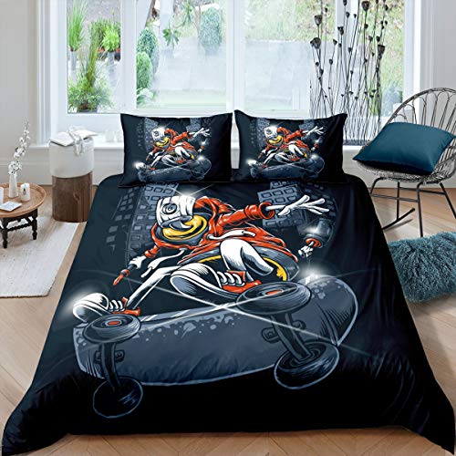 Erosebridal Skateboard Bedding Set, Hip Hop Theme Duvet Cover Queen Size for Kids Boys Girls, City Building Comforter Cover Hipster Gray Soft Microfiber Quilt Cover for Child's Dorm Room, Grey