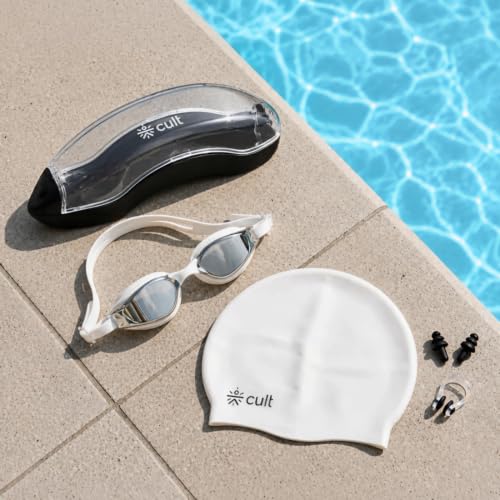Image of CULT Swimming Cap Goggles with Ear Plugs & Nose Clip Set for Men & Women, Anti-Fog Swimming Goggles with Adjustable Strap, Silicone Swim Cap Combo for Training, Pool & Fitness, White