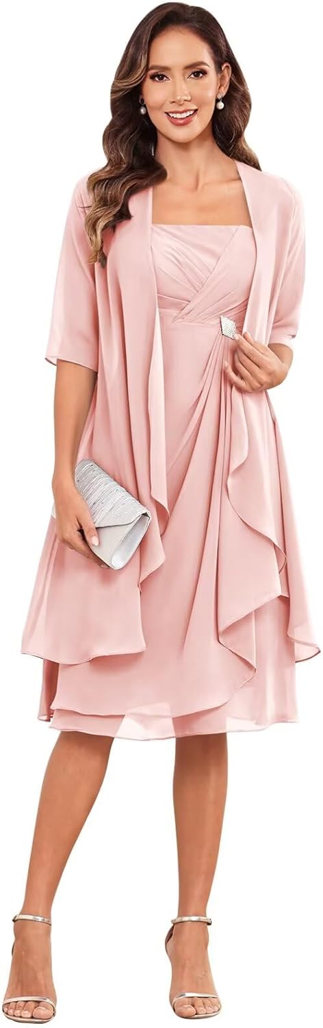 2 Pieces Mother of The Bride Dresses with Jacket Chiffon Ruffle Pleated Wedding Guest Dresses for Women