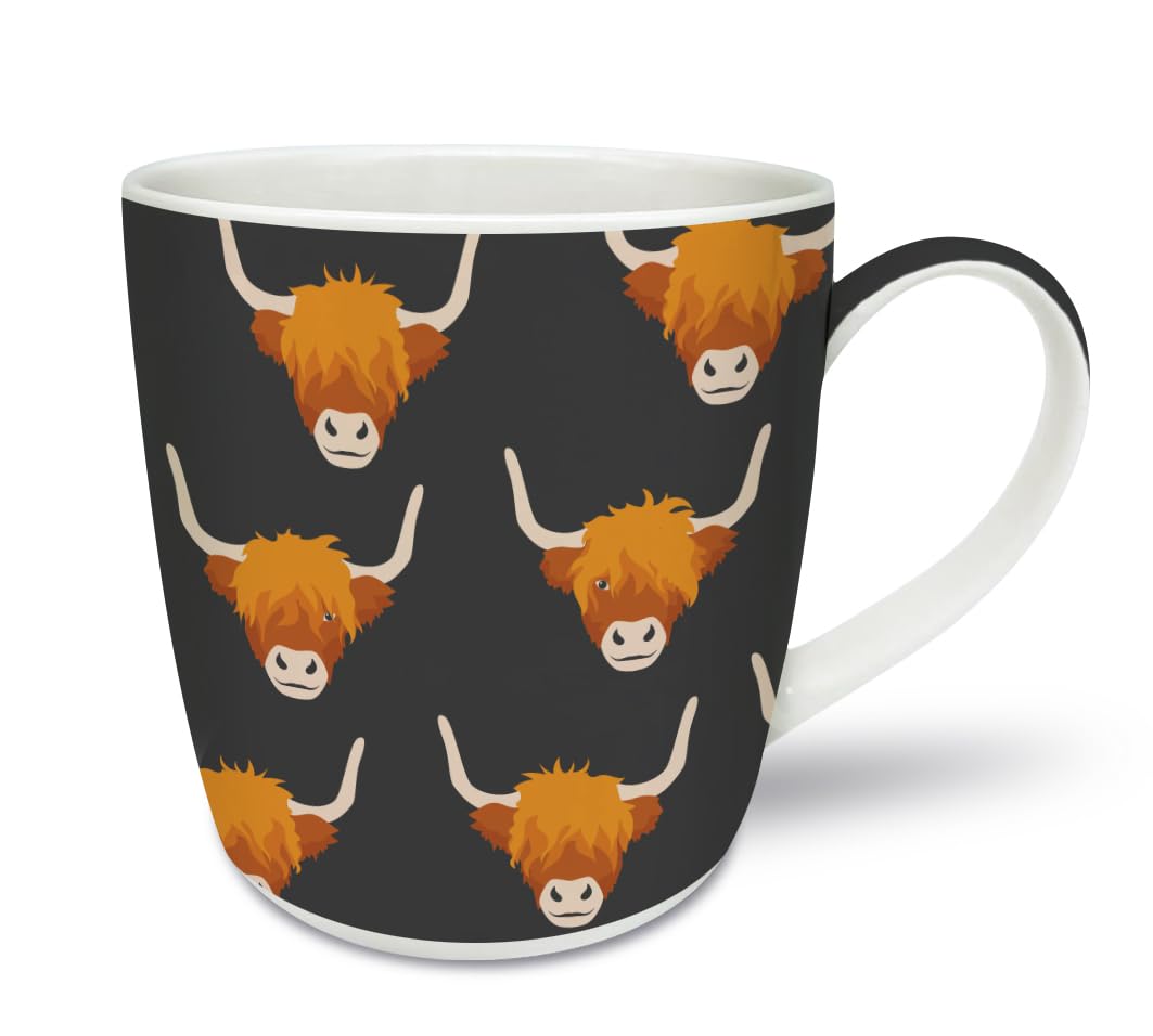 Smiling Faces MAKING SMILES SINCE 2001 Highland Cow Mug, Black with Orange Highland Cow Pattern, Ceramic