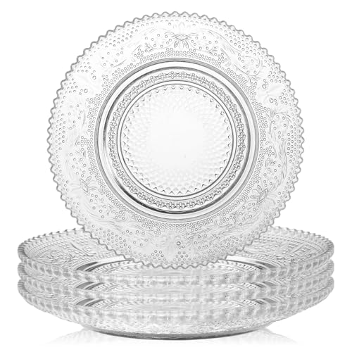 WHJY 6 Inch Clear Glass Plates 4 Pack Vintage Dinnerware Set Clear Floral Textured Dinner Plates for Home Party Wedding Crystal Glass Dishes for Fruit Salad Appetizer Dessert