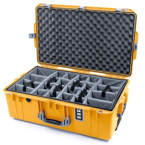 Pelican 1595 Case by ColorCase - Yellow - Large Sized Waterproof Case with Grey Padded Dividers & Convoluted Lid Foam - Silver Handles & Latches