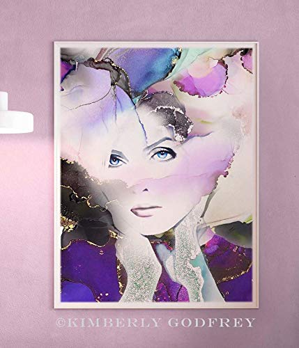 Gilded Lily Fashion Illustration, Watercolor, Soft Purple Aesthetic, Large Portrait Painting Gold Leaf, Beauty Salon Decor #TOP1