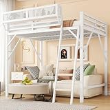 KEIKI Queen Size Metal Loft Bed Frame with Ladder and Built-in Storage Shelves, for Teens, Modern Style Loft Bed with Solid Slats, Guardrail, No Box Spring Required, Easy Assembly, for Bedroom, White
