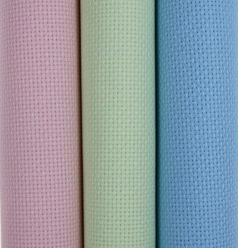 Image of KCS 3 pc of 15 inch x 18 inch(38cmx45cm) Counted Cross Stitch Cotton Aida Cloth Needlework Rolled Fabric Box,16CT,Light Blue+Pink+Light Green