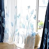 Melodieux Durchsichtige Vorhänge mit Weizenstickerei, für Wohnzimmer, Schlafzimmer, Bauernhaus, Blumenmuster, Stangentasche, Voile, 132 x 213,4 cm, Blauer Weizen/Weiß durchscheinend, 2 Paneele