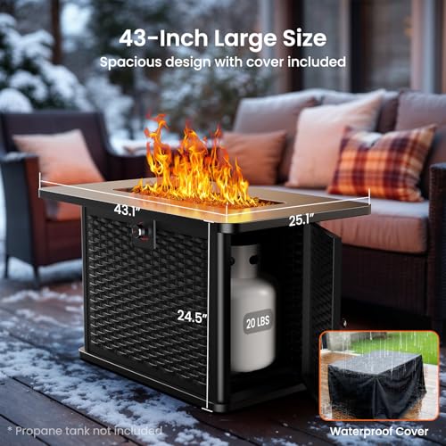 AMADA HOMEFURNISHING 43 Inch Propane Fire Pit Table, 60,000 BTU Gas Fire Pit with Lava Rocks, Waterproof Cover, Removable Lid, Cup Holders, 2-in-1 Fire Table for Patio, Backyard, Garden, Black - Image 4