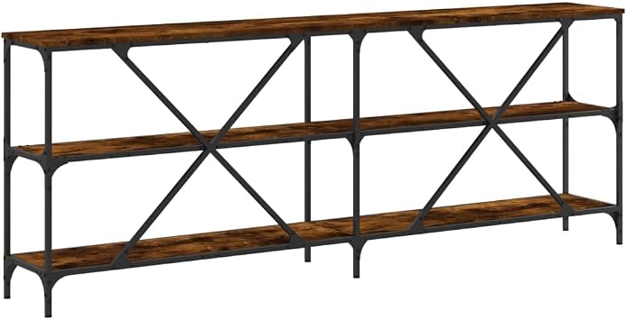 Engineered Wood Console Table Smoked Oak 200x30x75 cm with Iron Frame, Hallway Table with Double X-Frame Crossbars and Adjustable Feet for Stability