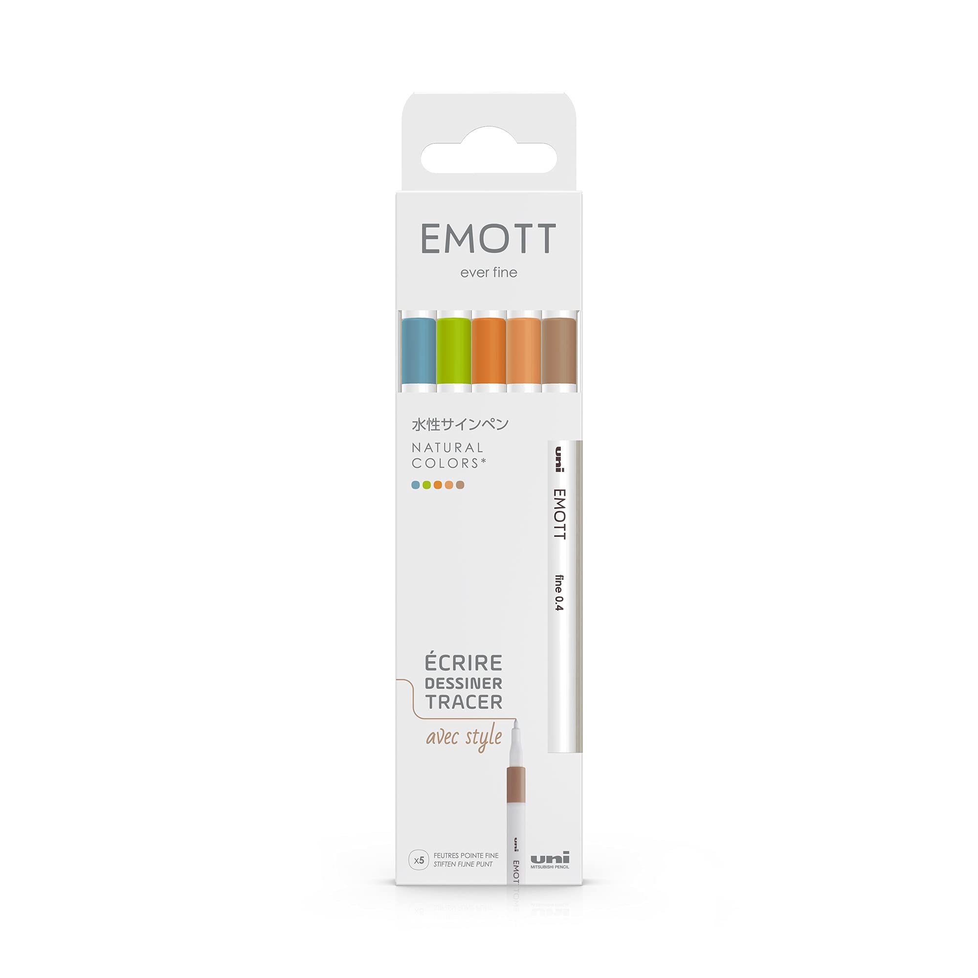 uni-ball Emott Uni Mitsubishi Pencil - 5 Natural Colours Felt Tip Pens - for Writing, Drawing, Plotting with Style - Fine Tip 0.4 mm - Light Green, Saxony Blue, Beige, Orange, Salmon Pink