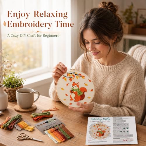 Image of Louise Maelys Autumn Squirrel Embroidery Kit for Beginners Adults | Cross Stitch Kit for Adults,Stamped Pattern, Complete Easy Needlepoint Kit, Easy Craft Thankgiving Gift And Room Decor