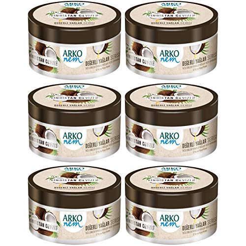 Arko Coconut Oil Cream, Nourishes & Moisturizes the Skin, Helps Healing and Renewing the Skin, Repairs the Cracks, Effective for 24 Hours, Vitamin D & E, For Hand, Face & Body, 8.45 Ounce - Pack of 6