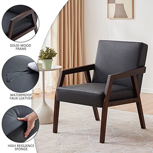 Huimo Pu Side Chair,Modern Mid Century Chair,Accent Chair,Wooden Armchair,Leather Chairs For Living Room,Reading Chair, Upholstered Elegant Bedroom Chair, Black #TOP3