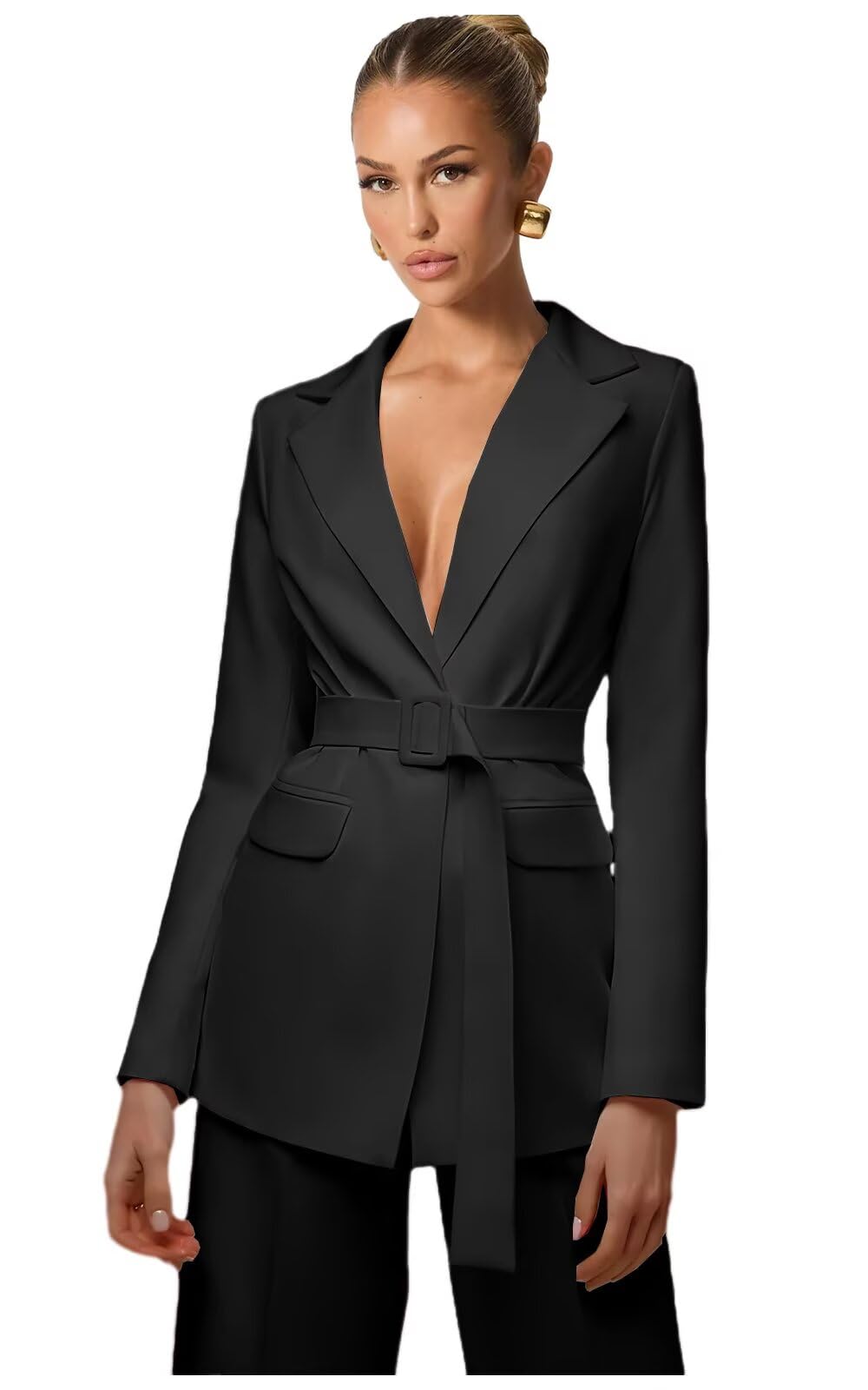 Fashion Suits for Women 2 Piece Set with Belt Notch Lapel Blazer Casual Wide Leg Pants Womens Suit