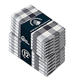 HEIRLOOM COMFORT Gingham Check Cloth Napkins Set of 12, 18x18 Inch, 100% Cotton, Reusable & Washable, Durable, Absorbent Fabric for Dinner Parties, Wedding, Dining Napkin, Multi Grey, Natural