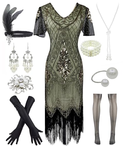Image of Women 1920s Gatsby Vintage Sequin Flapper Fringe Party Plus Dress with 20s Accessories Set