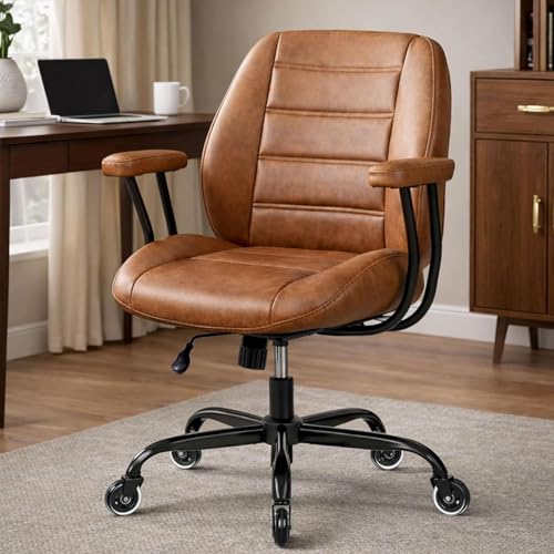 YUNSCEND Brown Leather Office Chair with Quiet Rubber Wheels