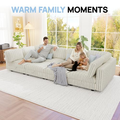 Image of 128 inch Cotton Linen Modular Sectional Sofa Bed with Hidden Storage, 8 Seat Convertible L U Shaped Sleeper Couch with Ottoman Chaise, Farmhouse Modular Sectional Couch with Removable Cover for LivingRoom
