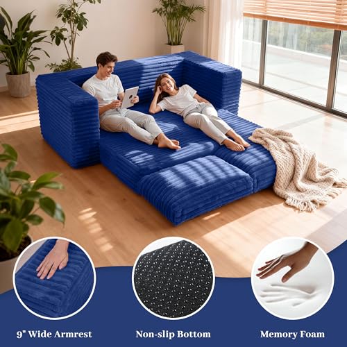 Image of HABUTWAY 62 inch Small Boneless Couch,3-in-1 Convertible Folding Sofa Bed, Corduroy Loveseat Sofa Bed w /2 Pillows for Living Room /Guest Room No Assembly Required, Blue