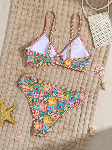 Image of Fanuerg Women's Triangle Bikini Sets O Ring Linked Two Piece Swimsuits Floral Printed Cheeky Bathing Suit