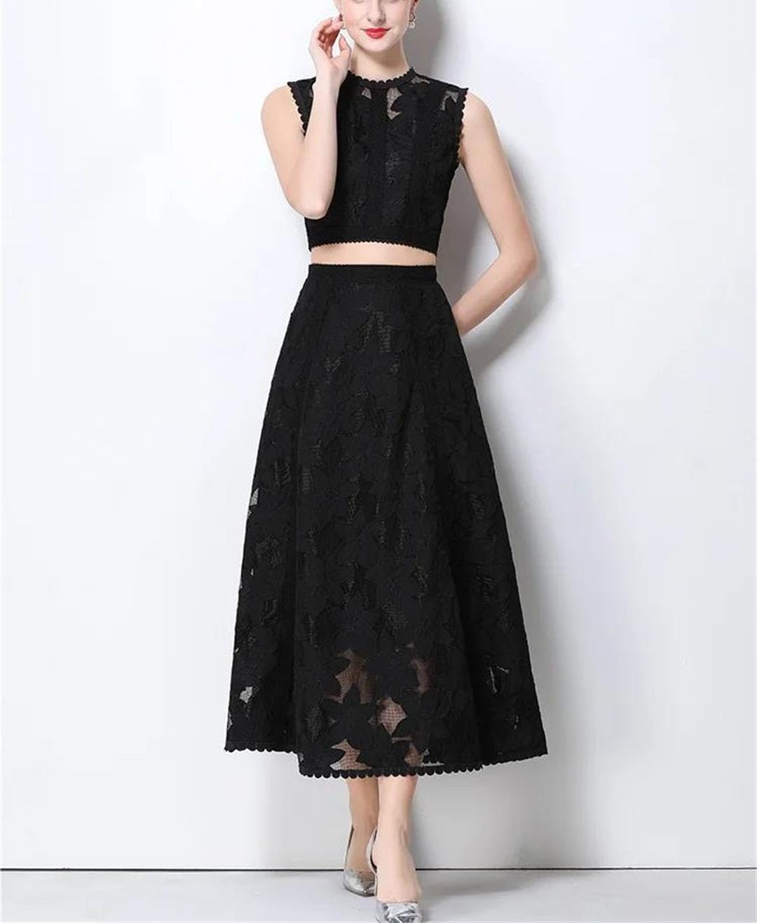 Women's Embroidered Two Piece Set Sleeveless Top High Waist Long Skirt Lace Outfit