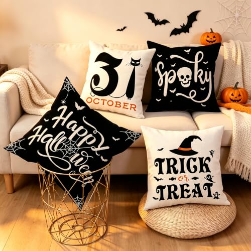 Gujiahone Halloween Pillow Covers 18 x 18 Set of 4 -Linen Print Thanksgiving Sofa Pillow Cover -Happy Halloween Cushion Case for Holiday Party Living Room Bedroom Home Fall Decorative - image 6