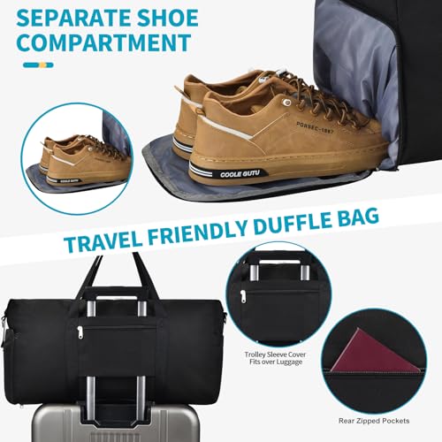 Carry on luaggage 22x14x9 Airlines Approved, Foldable Travel Duffel Bags Weekender Overnight Carry on Duffel Luggage Gym Duffle Bag with Wet Pocket & Shoe Compartment for Women Men(Black, 40L)4