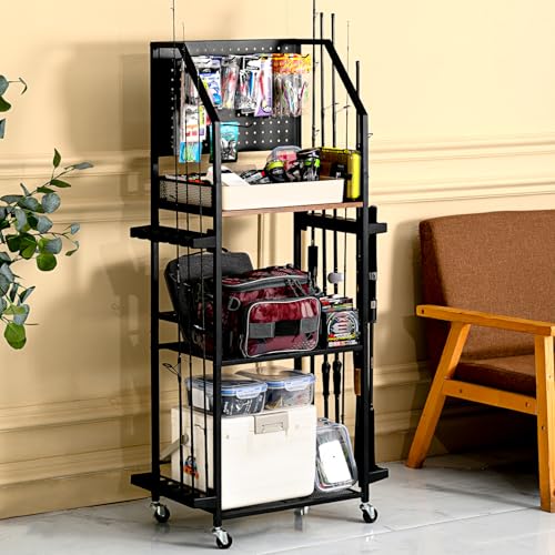 Fishing rod holder Wheeled rod storage rack Holds up to 12 rod fishing boats Suitable for garages, basements, boat holds、Must-have for serious anglers