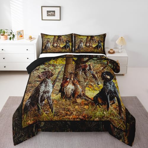 Erosebridal Pheasant Hunting Comforter Set Queen Size Black Dog Bedding Set Boho Farmhouse Wild Animals Down Comforter Woodland Leaves Hunter Gun Room Decor Quilt Set for Men Boys Adults Kid