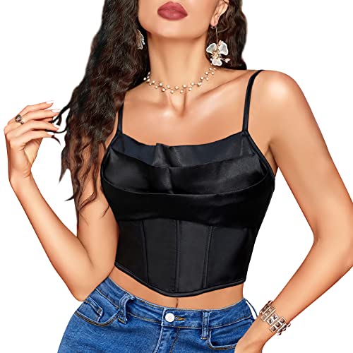 Loday Sexy Satin Corset Top Women Spaghetti Straps Boned Vintage Bustier Zip Back Y2K Fashion Going Out Party Crop Top(As1, Alpha, M, Regular, Regular, Black) #TOP14