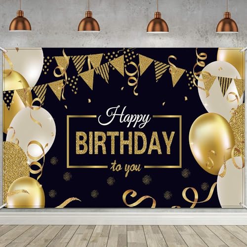Happy Birthday Backdrop Banner Extra Large Black and Gold Sign Poster for Men Women Birthday Anniversary Party Photo Booth Backdrop Background Banner Decoration Supplies 72.8 x 43.3 inch