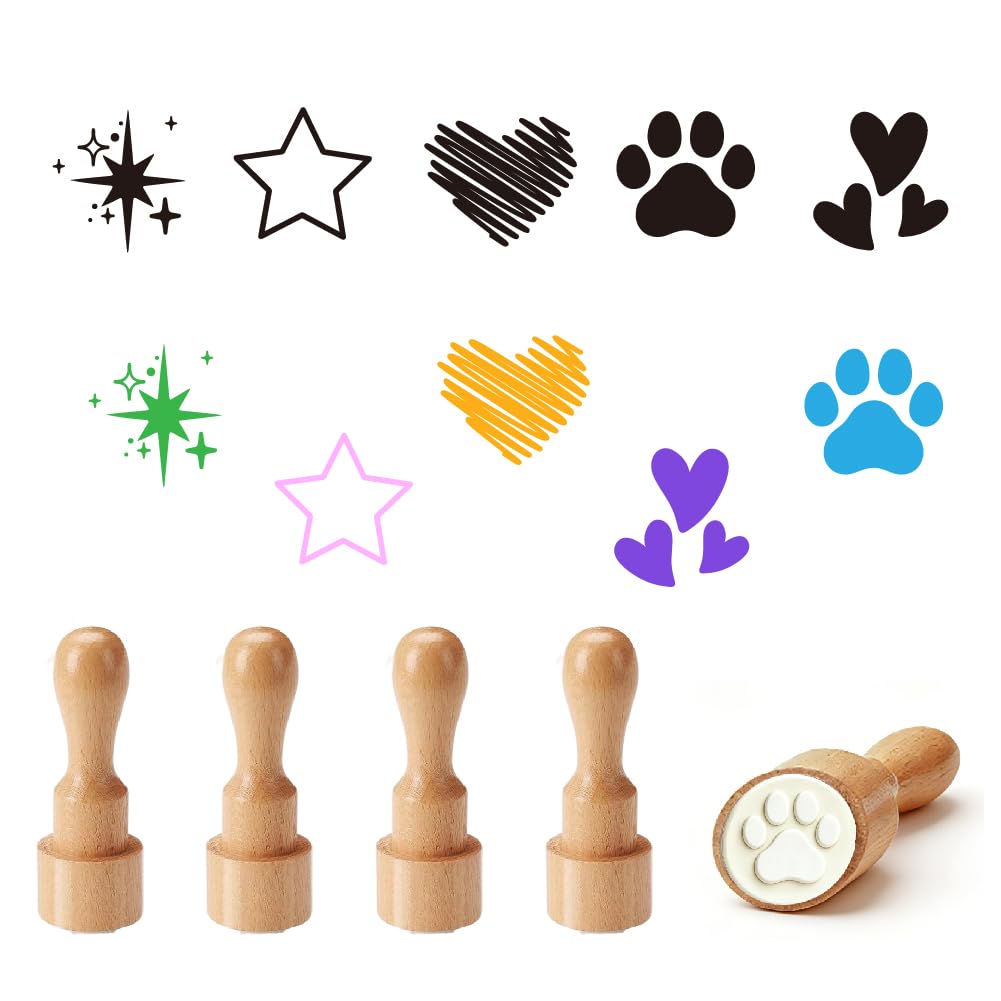 PRESSINART 5Pcs 5 Styles Mini Rubber Star Stamp 0.6 Inch Wood Stamp Heart Paw Print Pattern Small Round Reusable Seal for DIY Crafting Scrapbooking Journaling Card Making Decoration(No Ink Include)