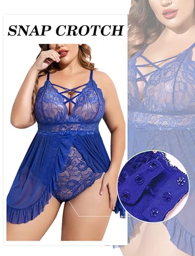 Image of SSoShHub Women's Plus Size Lingerie Beautiful Babydoll Snap Crotch Lace Chemise Ruffles Nightwear Bodysuit with Babydoll